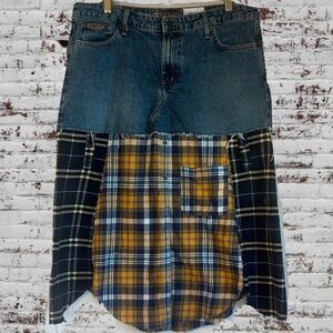 Upcycled denim and flannel shirt skirt